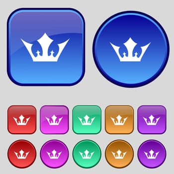 Crown icon sign. A set of twelve vintage buttons for your design. illustration