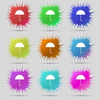 Umbrella sign icon. Rain protection symbol. Nine original needle buttons. illustration. Raster version