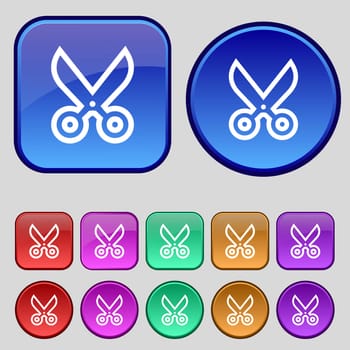 scissors icon sign. A set of twelve vintage buttons for your design. illustration