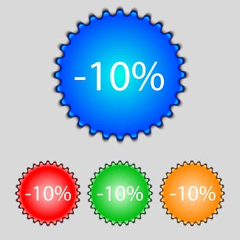 10 percent discount sign icon. Sale symbol. Special offer label. Set of colored buttons illustration