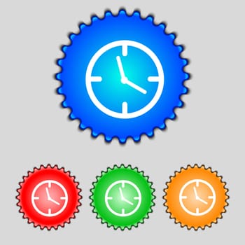 Clock time sign icon. Mechanical watch symbol. Set of colourful buttons. illustration