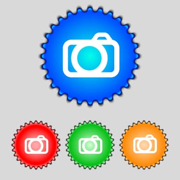 Photo camera sign icon. Digital photo camera symbol. Set colourful buttons. illustration