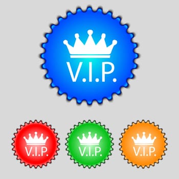 Vip sign icon. Membership symbol. Very important person. Set of colored buttons. illustration