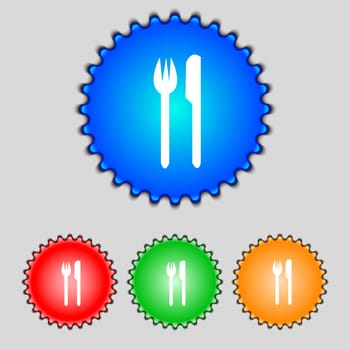 Eat sign icon. Cutlery symbol. Fork and knife. Set colourful buttons illustration
