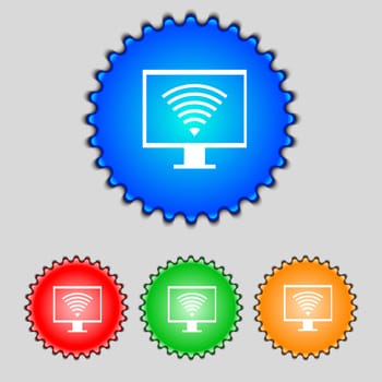 wi fi and monitor sign icon. Video game symbol. Set colourful buttons. illustration