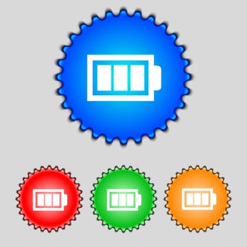 Battery fully charged sign icon. Electricity symbol. Set of colour buttons. Modern interface website button illustration