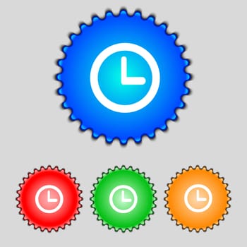 Clock sign icon. Mechanical clock symbol. Set colourful buttons. illustration