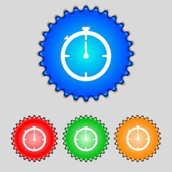 Timer sign icon. Stopwatch symbol. Set of colourful buttons. illustration