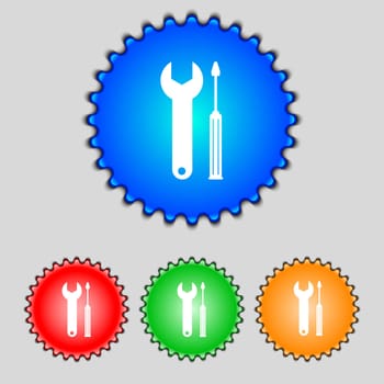 Repair tool sign icon. Service symbol. screwdriver with wrench. Set of colored buttons. illustration