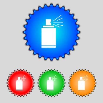 Graffiti spray can sign icon. Aerosol paint symbol. Set of colored buttons. illustration