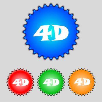 4D sign icon. 4D New technology symbol. Set of colour buttons. illustration