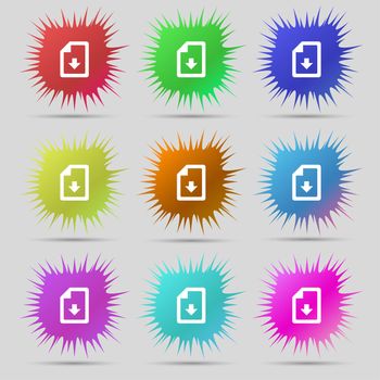 import, download file icon sign. A set of nine original needle buttons. illustration