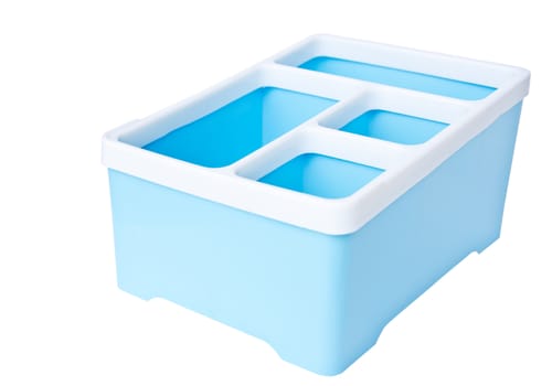 blue plastic storage box isolated on white background, clipping path (3D view)