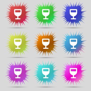 Wine glass, Alcohol drink icon sign. A set of nine original needle buttons. illustration