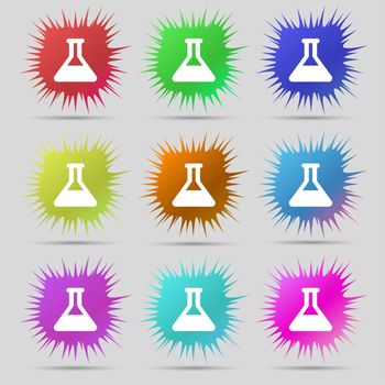 Conical Flask icon sign. A set of nine original needle buttons. illustration