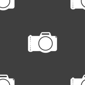 Photo camera sign icon. Digital photo camera symbol. Seamless pattern on a gray background. illustration