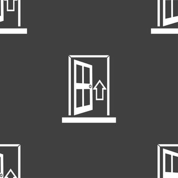 Door, Enter or exit icon sign. Seamless pattern on a gray background. illustration