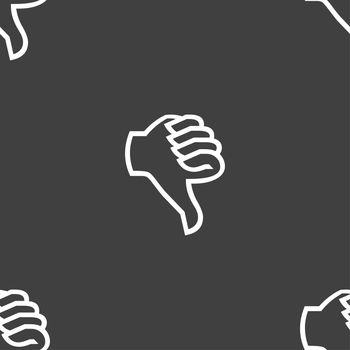 Dislike sign icon. Thumb down sign. Hand finger down symbol. Seamless pattern on a gray background. illustration