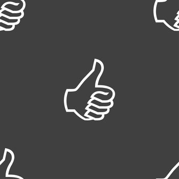 Like sign icon. Thumb up sign. Hand finger up. Seamless pattern on a gray background. illustration