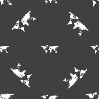 Globe sign icon. World map geography symbol. Seamless pattern on a gray background. illustration