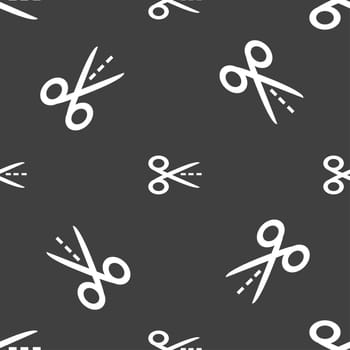 Scissors with cut dash dotted line sign icon. Tailor symbol. Seamless pattern on a gray background. illustration