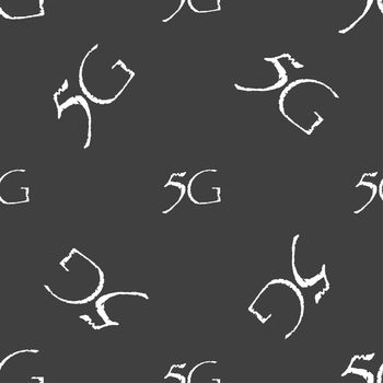 5G sign icon. Mobile telecommunications technology symbol. Seamless pattern on a gray background. illustration