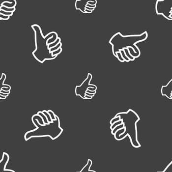 Like sign icon. Thumb up sign. Hand finger up. Seamless pattern on a gray background. illustration