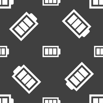 Battery fully charged sign icon. Electricity symbol. Seamless pattern on a gray background. illustration