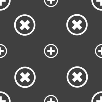 Plus sign icon. Positive symbol. Zoom in. Seamless pattern on a gray background. illustration