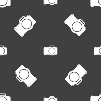 Photo camera sign icon. Digital photo camera symbol. Seamless pattern on a gray background. illustration