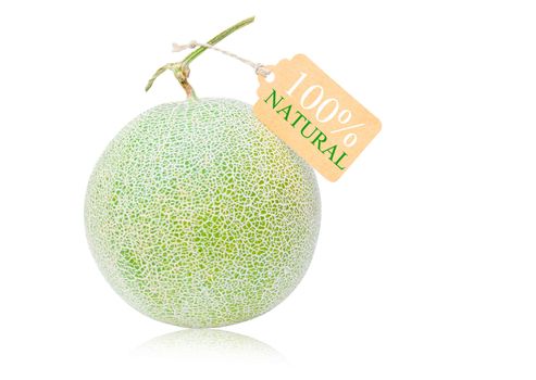 Big fresh Melon and tag on white background. 100% Natural