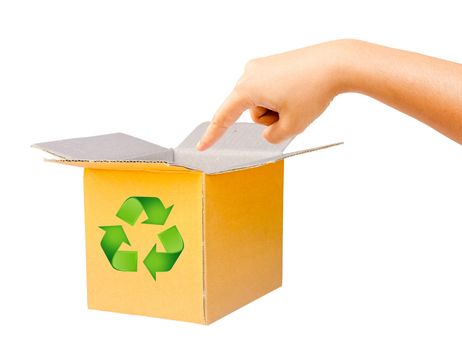 Boxes made of corrugated cardboard and hand with sign recycle, clipping path.