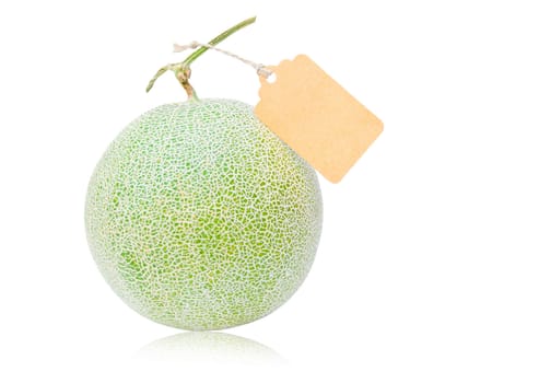 Big fresh Melon and blank tag on white background