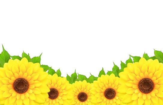 frameof sunflowers and leaf around a blank white space.