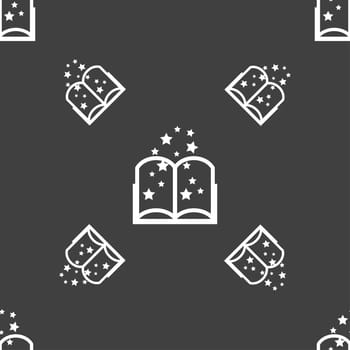 Magic Book sign icon. Open book symbol. Seamless pattern on a gray background. illustration
