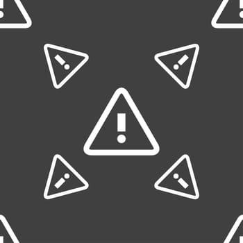 Attention caution sign icon. Exclamation mark. Hazard warning symbol. Seamless pattern on a gray background. illustration