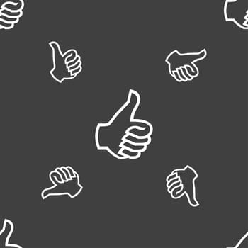 Like sign icon. Thumb up sign. Hand finger up. Seamless pattern on a gray background. illustration