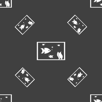 Aquarium, Fish in water icon sign. Seamless pattern on a gray background. illustration