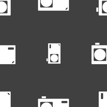 Photo camera sign icon. Digital symbol. Seamless pattern on a gray background. illustration