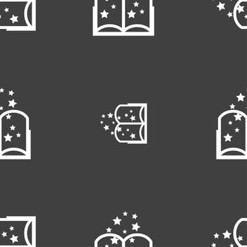 Magic Book sign icon. Open book symbol. Seamless pattern on a gray background. illustration