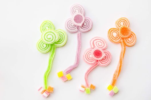 Jelly sugar candies on white background