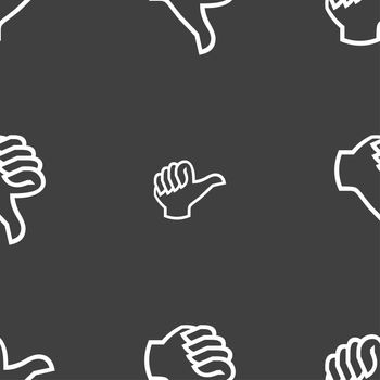 Dislike sign icon. Thumb down sign. Hand finger down symbol. Seamless pattern on a gray background. illustration