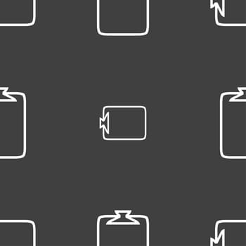 File annex icon. Paper clip symbol. Attach sign. Seamless pattern on a gray background. illustration