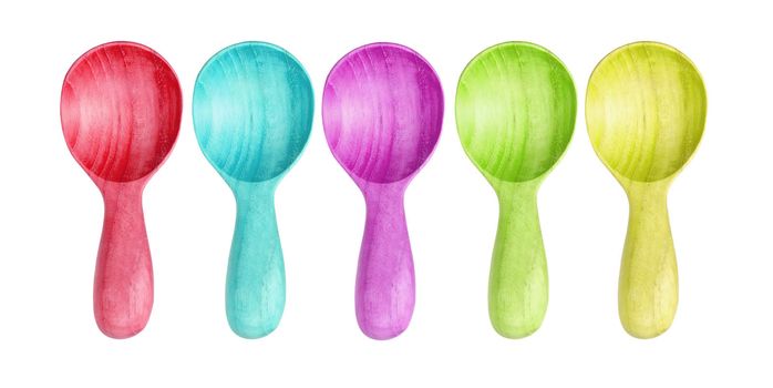 Isolated many color Wooden Kitchen spoons on white background, clipping path