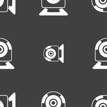 Webcam sign icon. Web video chat symbol. Camera chat. Seamless pattern on a gray background. illustration