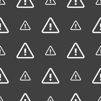 Attention caution sign icon. Exclamation mark. Hazard warning symbol. Seamless pattern on a gray background. illustration