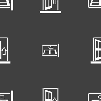 Door, Enter or exit icon sign. Seamless pattern on a gray background. illustration