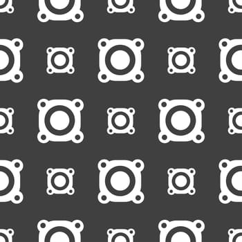 Speaker volume sign icon. Sound symbol. Seamless pattern on a gray background. illustration