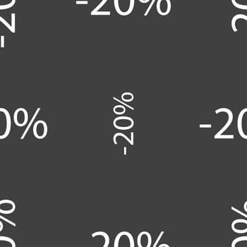 20 percent discount sign icon. Sale symbol. Special offer label. Seamless pattern on a gray background. illustration