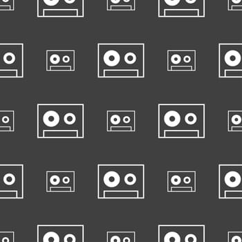 cassette sign icon. Audiocassette symbol. Seamless pattern on a gray background. illustration